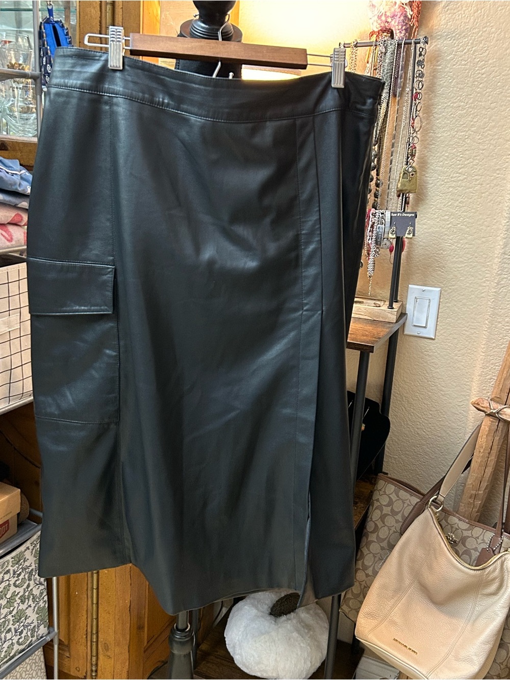 Treasure & Bond Black Faux Leather Midi Skirt with Side Patch Pocket